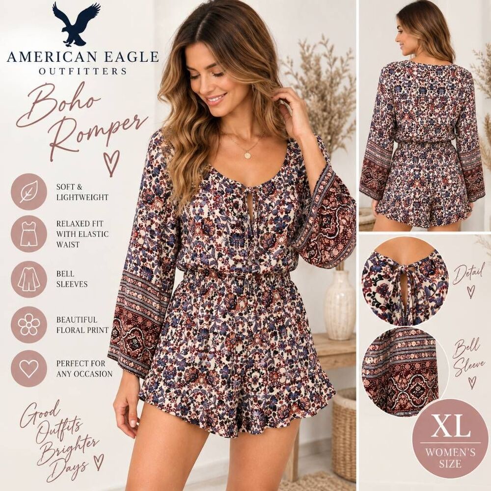 American Eagle Outfitters Women’s XL Floral Boho Romper Bell Sleeve Tie Neck